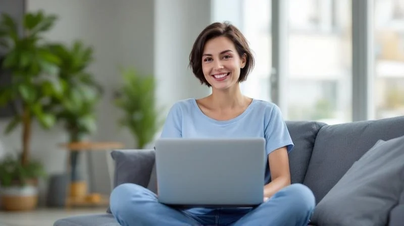 Frau arbeitet am Laptop in einem modernen Aachener Apartment