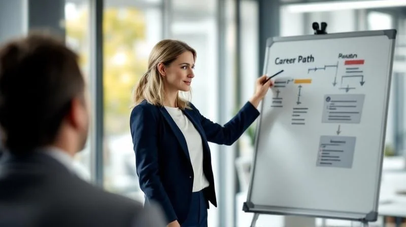 Zwei Personen besprechen Karriereschritte vor einer Tafel mit Diagrammen in Aachen