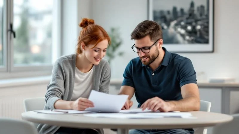Zwei Personen besprechen Dokumente in einem modernen Büro in Aachen